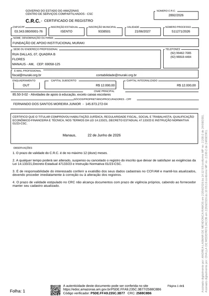 Primeira página: Certificado de Registro Cadastral — CRC