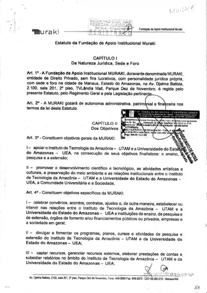 Primeira página: Estatuto da Fundação Muraki